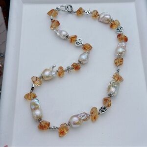 X807 Handmade Freshwater Flame Ball Baroque  Pearl Citrine Long necklace